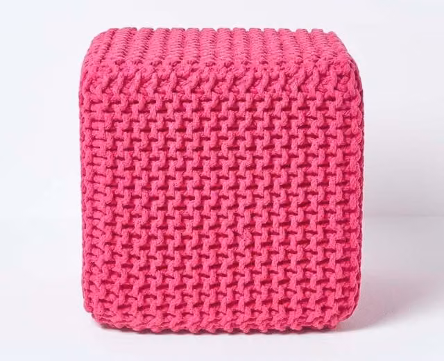 Homescapes Cube Cotton Knitted Pouffe Footstool in Pink – 1