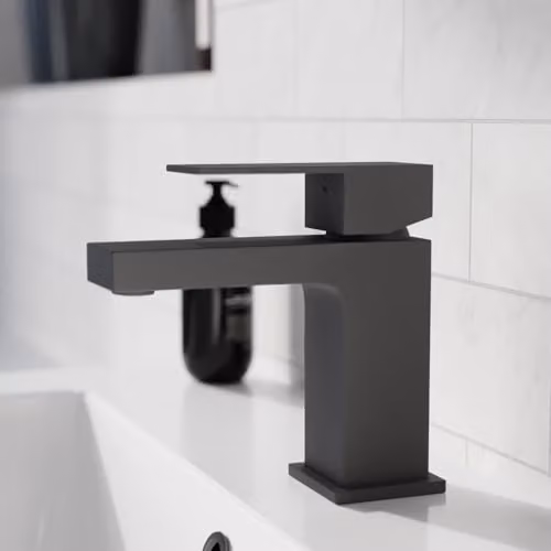 Nes Home Square Single Lever Basin Mono Mixer Tap with Pop Up Waste in Matte Black – 1