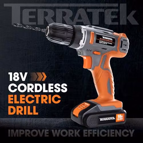 Terratek 18V Cordless Drill Set with 13-Piece Kit and Rechargeable Battery in Orange and Grey – 7