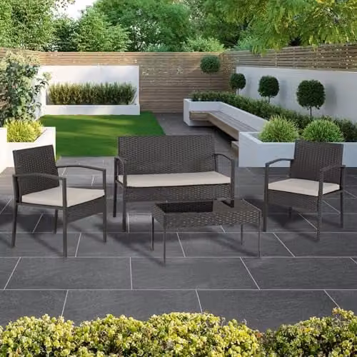 Seconique Cedar 4 Piece Garden Set in Black Rattan with Grey Fabric and Black Glass