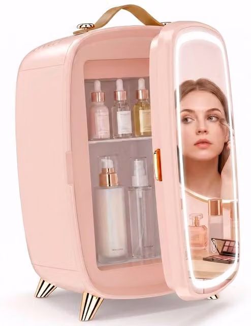 HOMCOM Skincare Refrigerator with LED Mirror in Pink