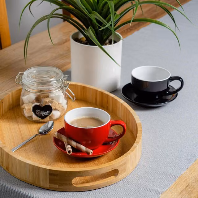 Argon Tableware 12-Piece Porcelain Cappuccino Cup and Saucer Set in Red and Black, 250ml per cup