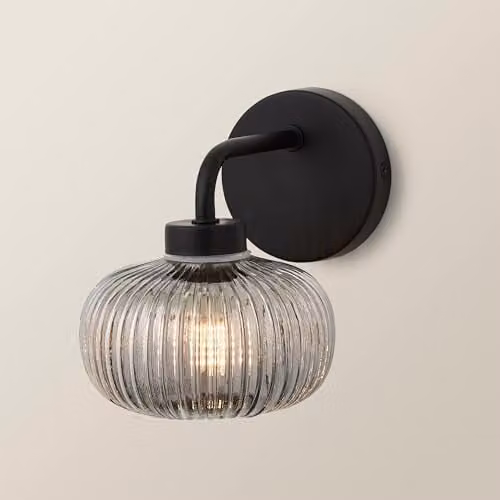 ValueLights Amaia Matte Black IP44 Rated Single Smoked Ribbed Glass Wall Light