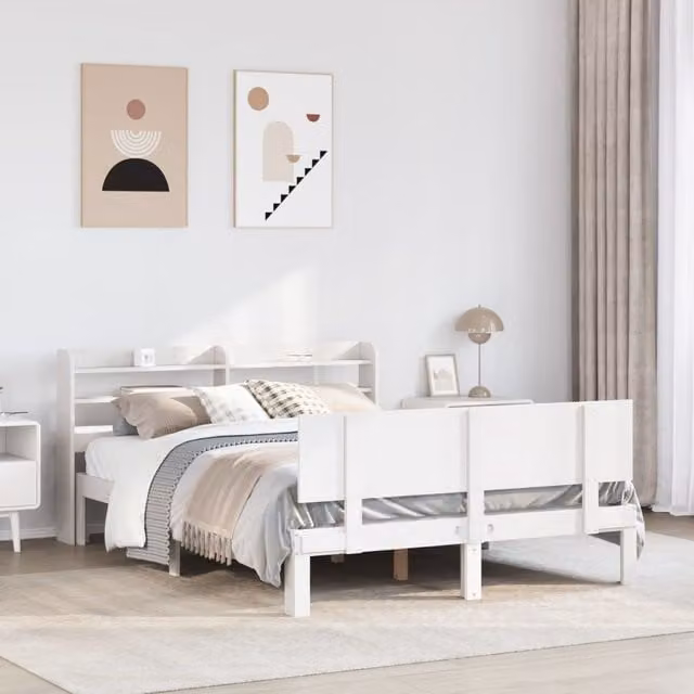 Berkfield Home King Size Bed Frame with Headboard in White, Solid Pine Wood, W/D/H: 150 x 200 cm