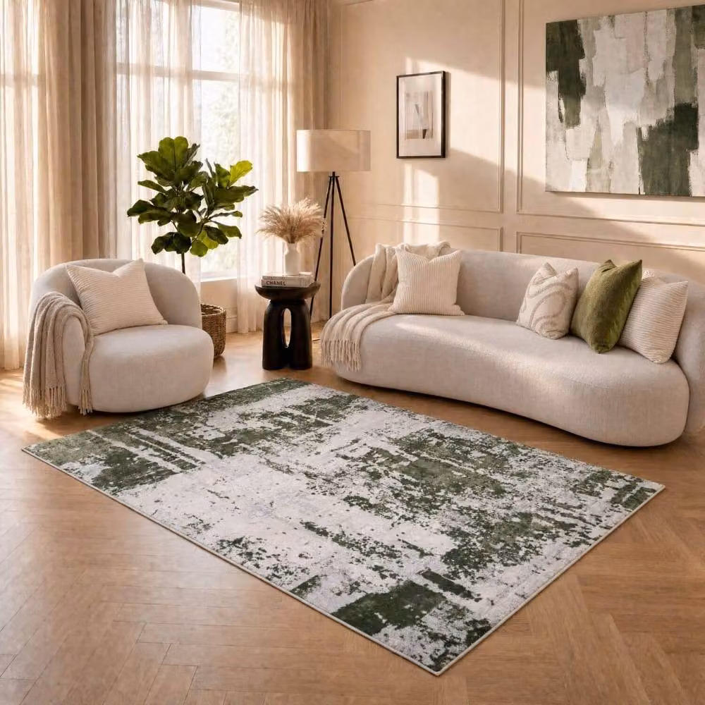THE RUGS Elaris Stain Resistant Abstract Distressed Living Room Area Rug in Green, W: 290 cm, D: 200 cm – 3