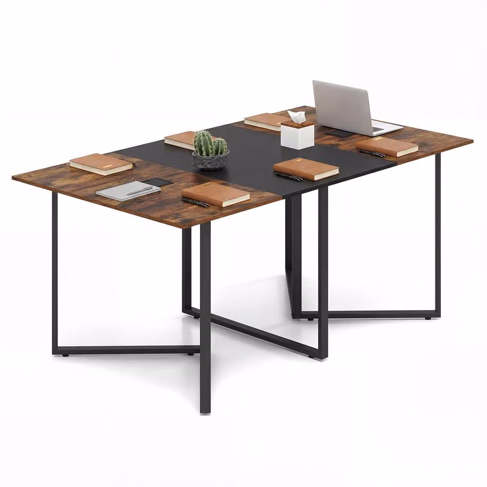 Gymax Industrial Rectangular Conference Table in Brown with Metal Frame and Grommet for 6-8 People – 7