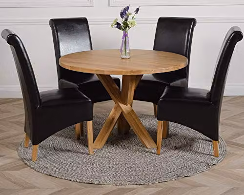 Thats Furniture Oregon Round Oak Dining Table and 4 Montana Black Leather Chairs Set, Diameter: 110 cm – 1