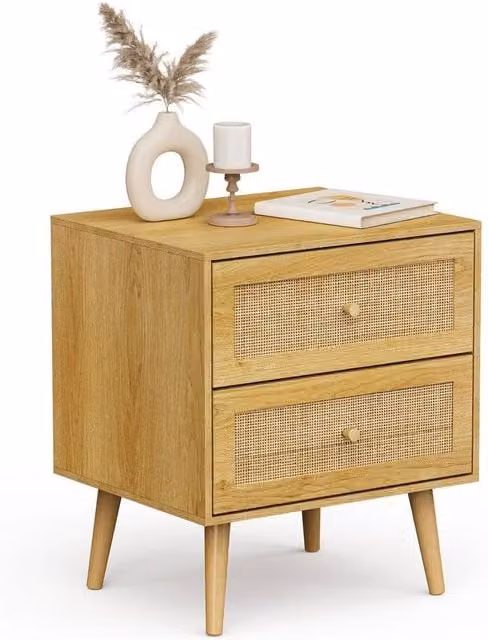 NESTLUNE Bedside Table with Natural Rattan Drawers in Brown and Gold, W/D/H: 100 x 15 x 15 cm – 1