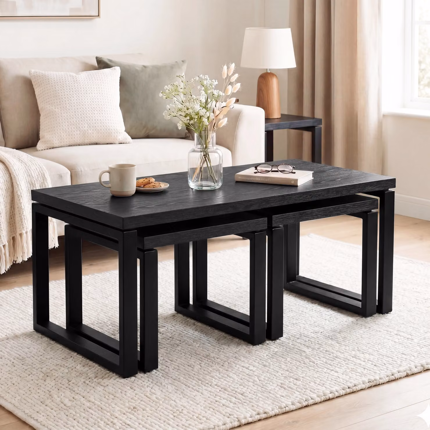 Nestline 3 Piece Black Nesting Coffee Table Set with Matt MDF and Metal Finish