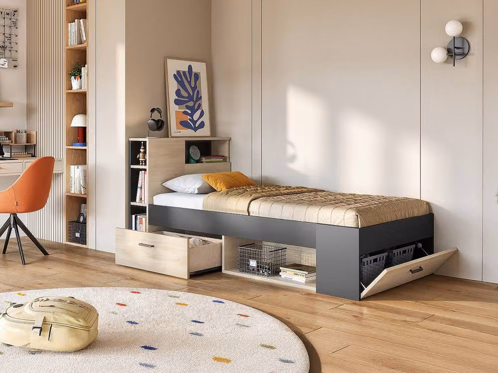 Vente-unique Single Bed with Headboard, Storage Drawers and Bed Base in Grey, W/D/H: 90 x 190 cm – 3