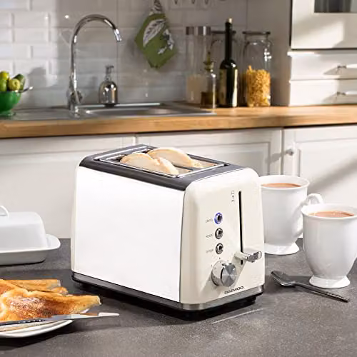 Daewoo Kensington 2 Slice Toaster in Cream and Stainless Steel with 810W Power and Cable Storage – 2