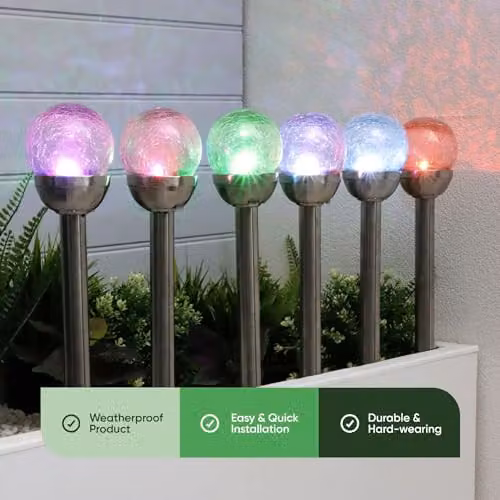Gardenwize Pack of 6 Solar Powered LED Crackle Glass Ball Stake Lights with 6 Colour Changing Options and Dusk Sensor, Multicolour, 8 cm Ball Diameter – 2