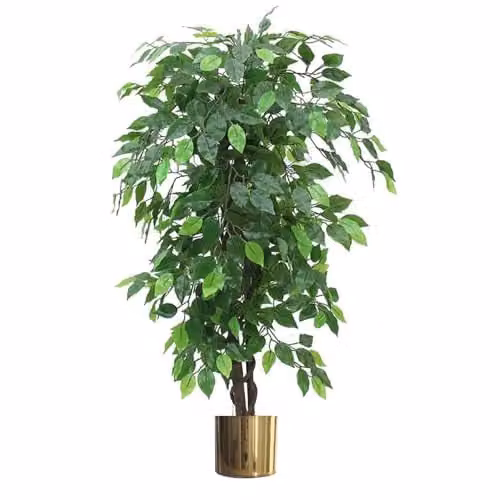 Leaf Artificial Ficus Tree with Gold Metal Planter, Green, Height: 120 cm – 1