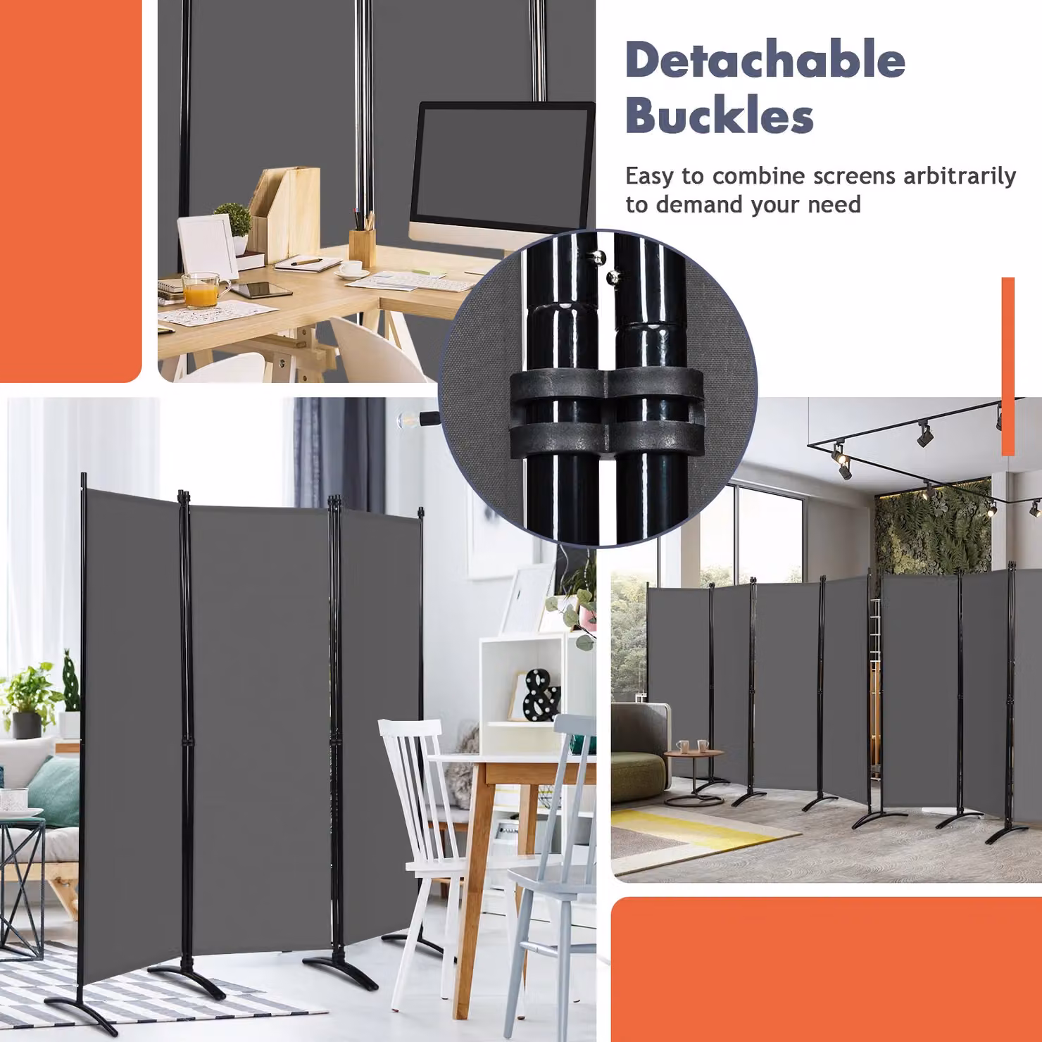 Costway 4-Panel Freestanding Folding Room Divider Privacy Screen in Grey, Height: 173 cm – 6