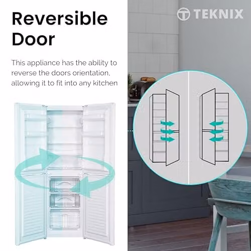 Teknix STF1448W Freestanding 50/50 Fridge Freezer in White, 142L Capacity, E Energy Rating, with Reversible Doors and LED Interior Light, W/D/H: 55 x 48 x 144 cm – 3
