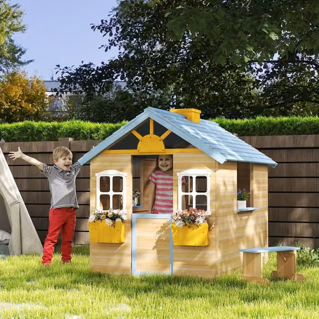 Outsunny Wooden Kids Playhouse Wendy House in Blue