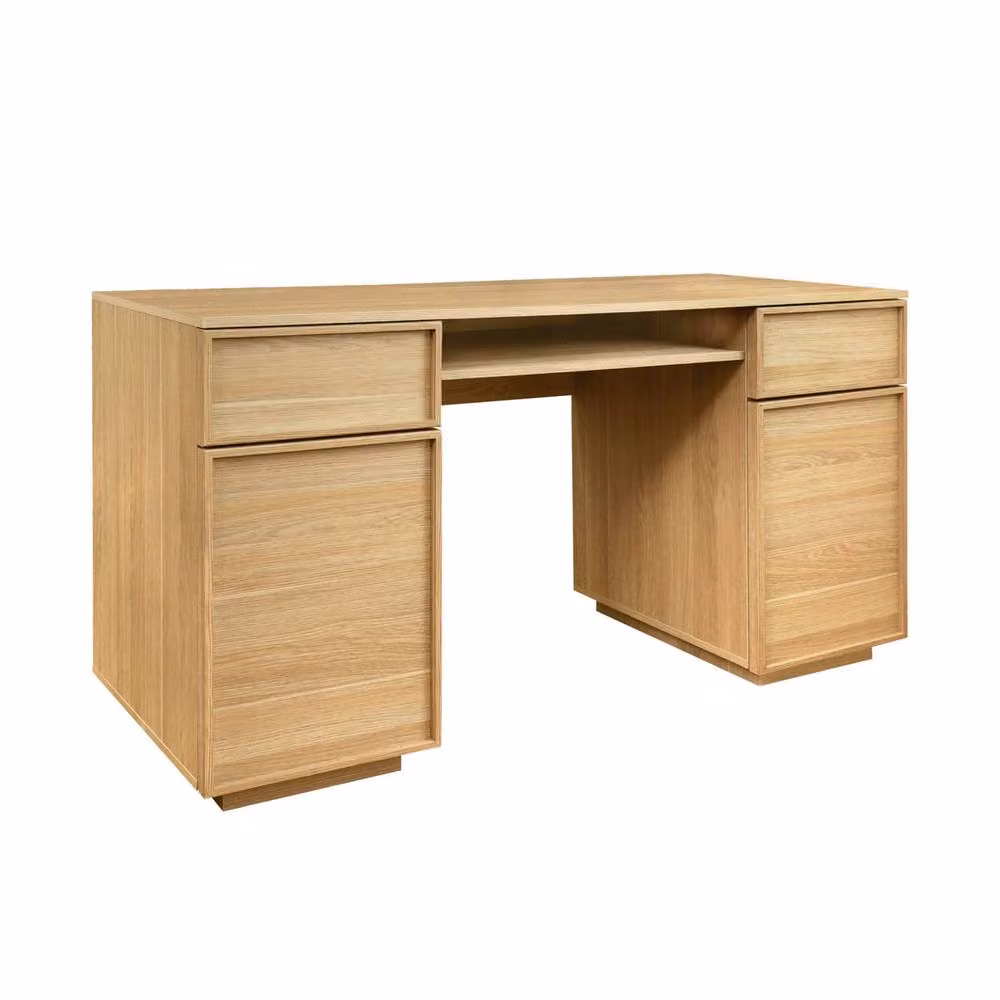 sweeek Modern Beige Wood Effect Corner Desk with 2 Doors, 2 Drawers and 1 Niche – 2
