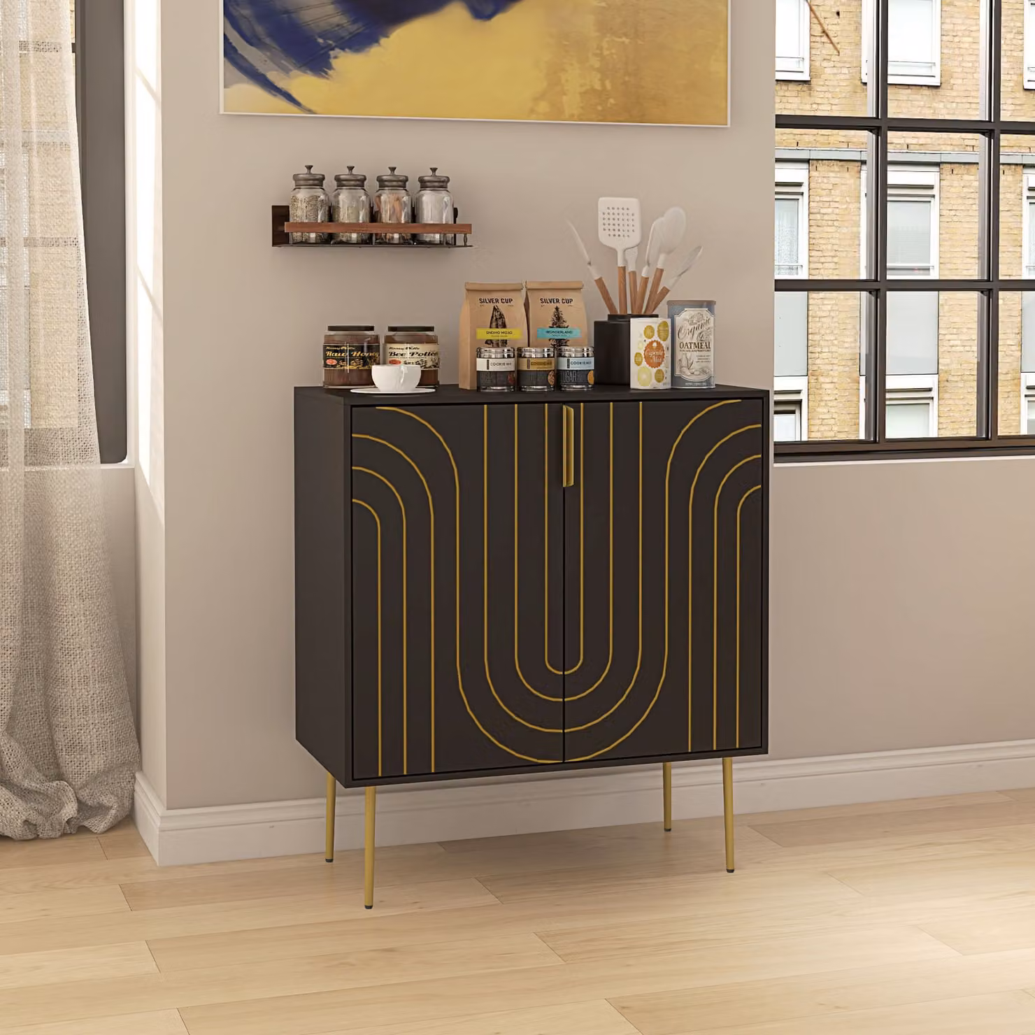 HOMCOM Art Deco Inspired Sideboard with Adjustable Shelf and Integrated Lighting in Black and Gold Tone – 2