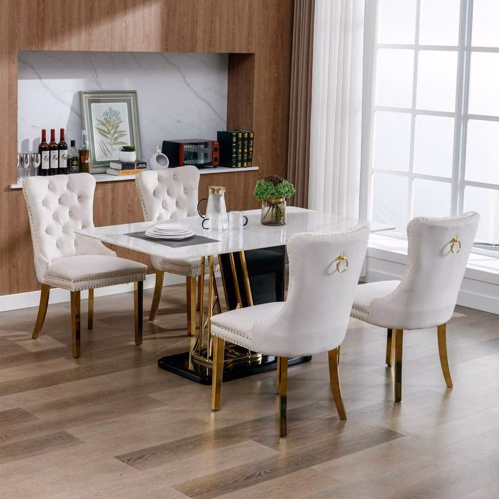 HomeTouch Set of 4 Lux Velvet Dining Chairs with Gold Metal Legs in Beige – 2