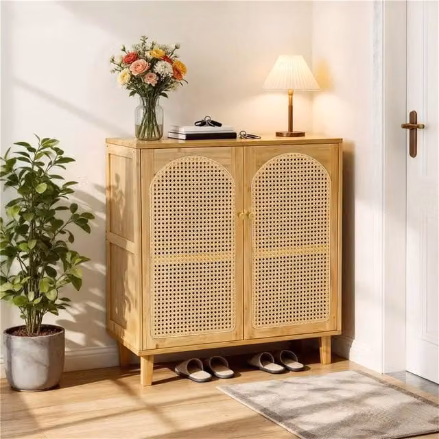 KORVIXA Modern Wooden Buffet Sideboard and Rattan Storage Cabinet in Brown and Beige, W/D/H: 100 x 100 x 100 cm
