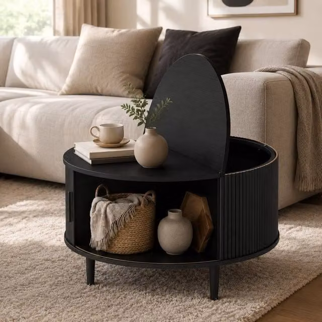 STILVORA Round Coffee Table with Lift Top and Hidden Storage in Black