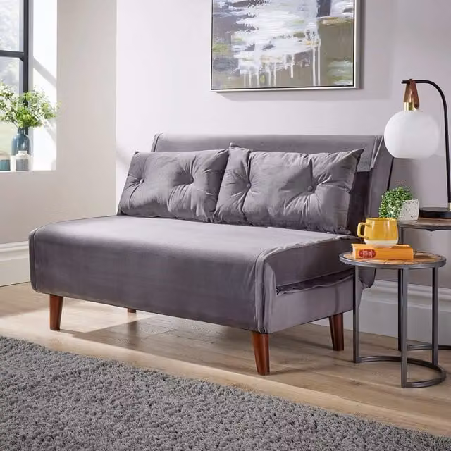 Home Source Morella Double Sofa Bed in Grey Velvet with Scatter Cushions and Sleeping Function