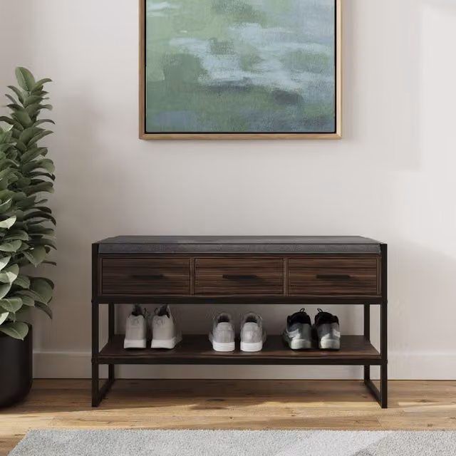 GFW Quinn Industrial Walnut Shoe Bench with Storage – 2