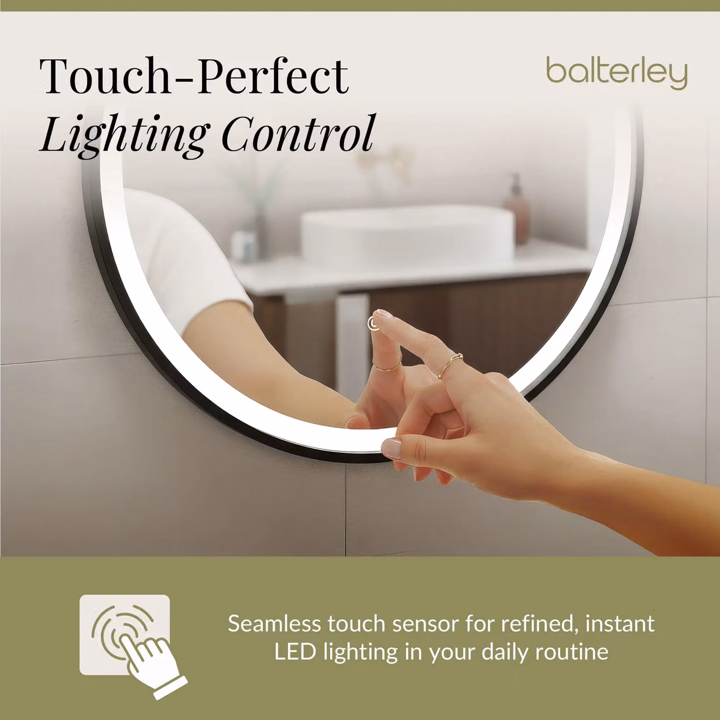 Balterley Round LED Bathroom Mirror with Demister and Hanging Strap, Black, W/D/H: 60 x 60 x 1 cm – 3