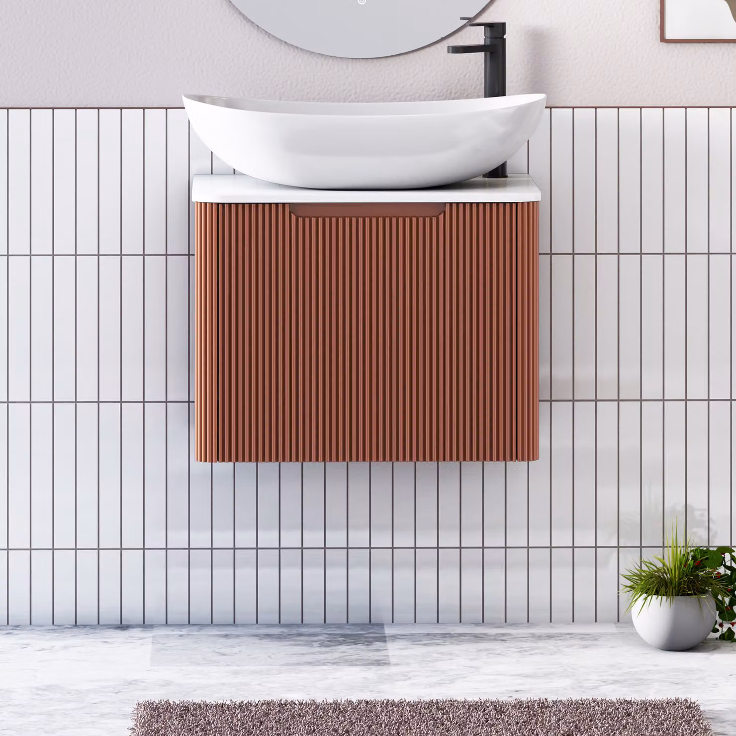 Royal Bathrooms Avenza 600mm Wall Hung Vanity Unit in Terracotta with Plain White Worktop and Cesar Basin
