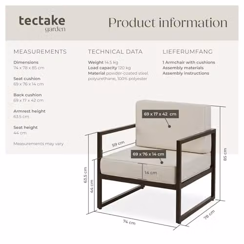 tectake Comosa Garden Chair in Brown with Powder-Coated Metal Frame and Minimalist Design – 3