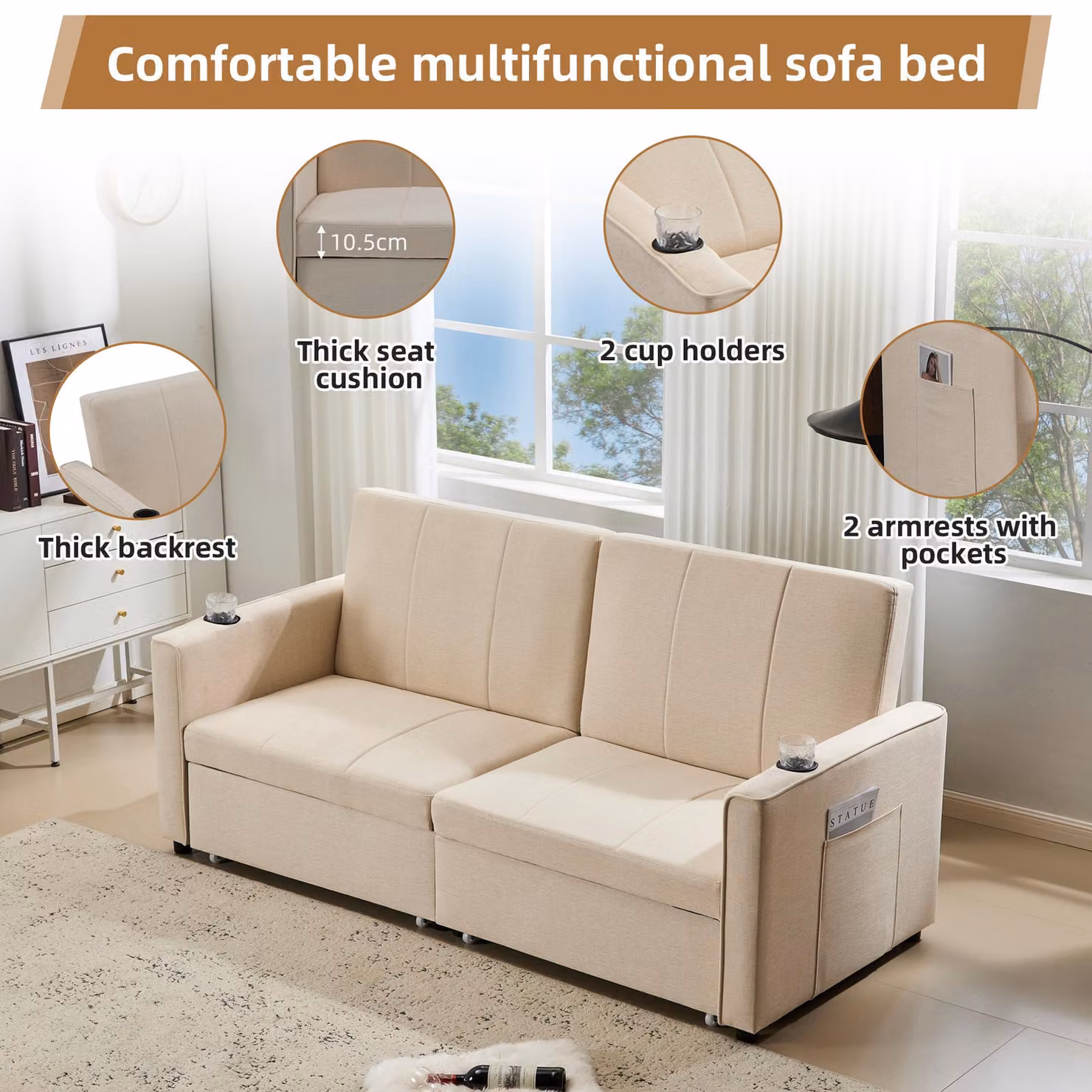 Aosom UK King-Size 3-in-1 Convertible Pull-Out Sofa Bed in Beige, 2-Seater Upholstered Couch with Adjustable Headrest and Cup Holders, W/D/H: 207 x 87 x 96 cm – 3