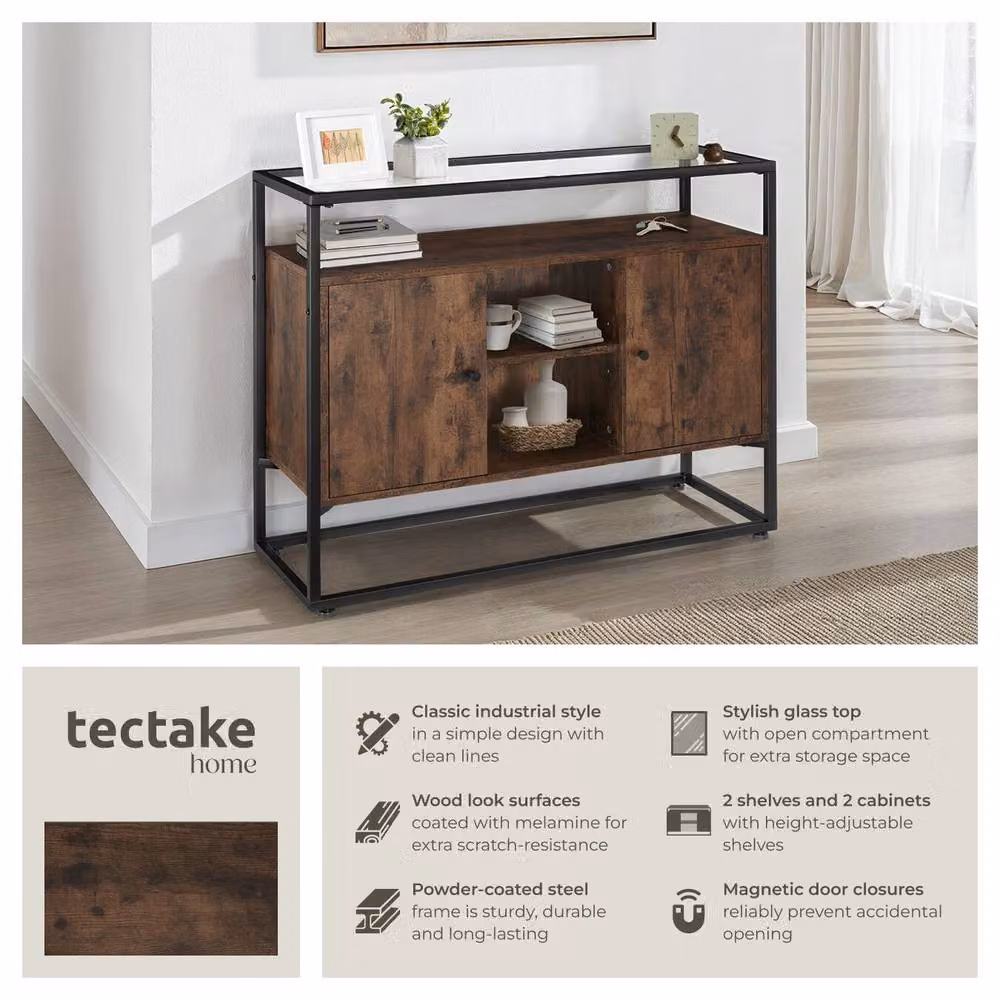 tectake Oldham Industrial Sideboard with Glass Top and Open Shelves in Brown and Black – 2