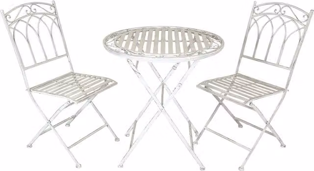 Charles Bentley Rustic White Powder Coated Steel Outdoor Bistro Set with Round Folding Table and 3 Chairs