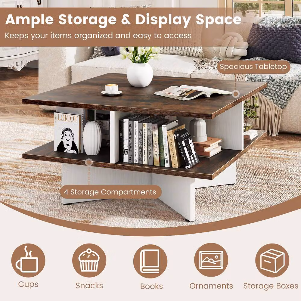 Gymax 2-Tier Square Coffee Table in Dark Brown, W/D/H: 60 x 60 x 33 cm – 6