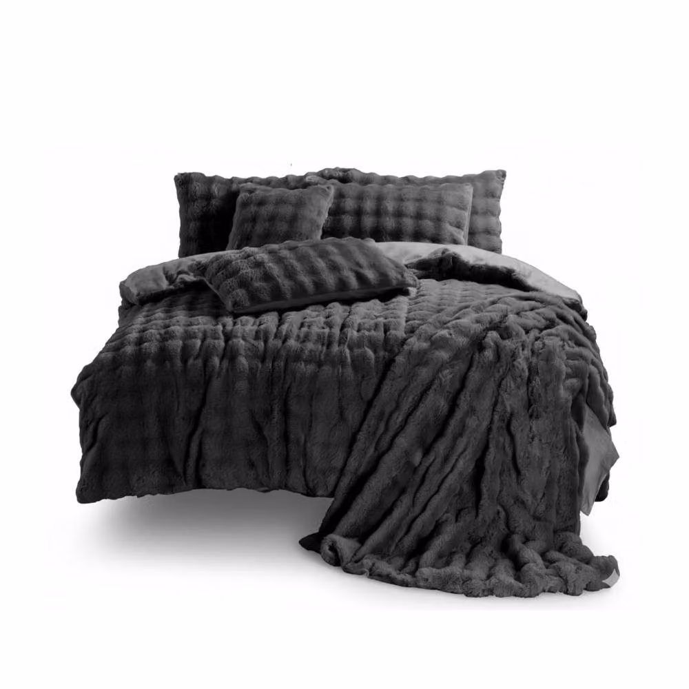 Snug City Rabbit Faux Fur Teddy Duvet Cover and Pillowcase Set in Grey, Single – 2