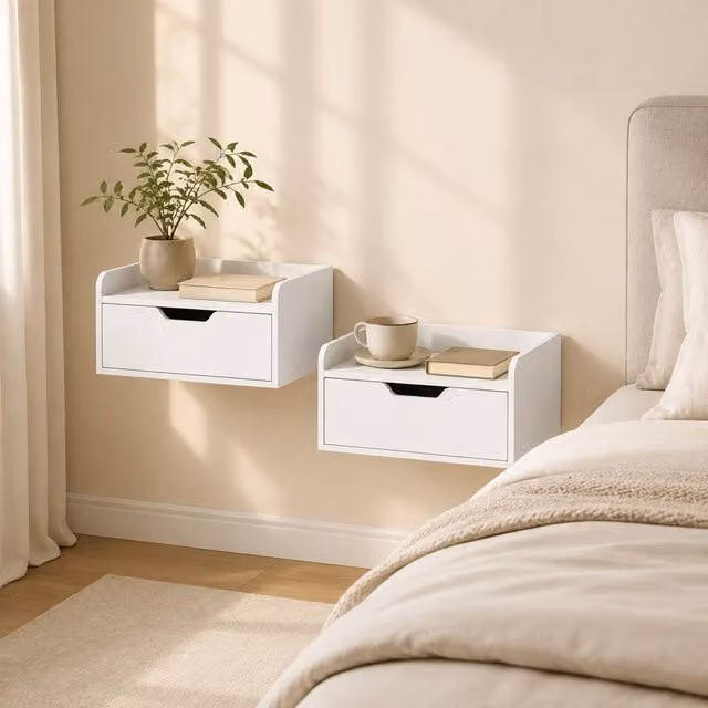 STILVORA Set of 2 Wall Mounted Bedside Tables with Drawer, White – 1