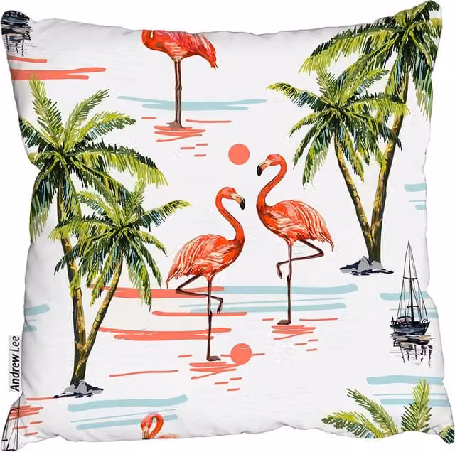 Andrew Lee Flamingo Palm Trees Square Cushion, Pink and White, W/D/H: 60 x 60 x 1 cm