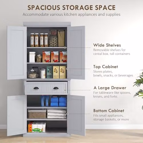 HOMCOM Grey Tall Kitchen Cupboard with 4 Doors and Internal Drawers, H 183 x W 76.2 x D 40.2 cm – 3