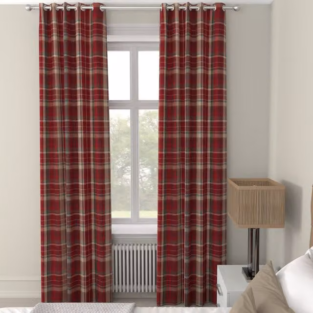 Terrys Made to Measure Blackout Checked Fabric Panel Curtain in Red and Grey with Eyelets