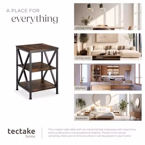 tectake 3-Tier Industrial Side Table with Height-Adjustable Steel Frame and Wood-Look MDF Shelves, Brown and Black, W/D/H: 40.5 x 40.5 x 60.5 cm – 7