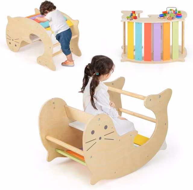 Costway 3-in-1 Wooden Climbing Toy Set with Rocker in Natural, Brown and Multicolour