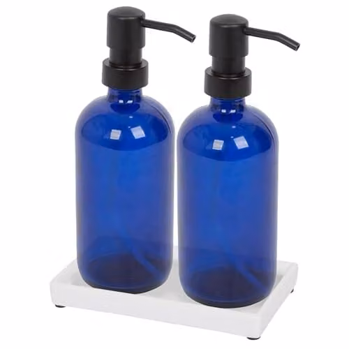 Harbour Housewares 2 Piece Blue Glass Soap Dispenser Set with Ceramic Tray and Black Pumps, 500ml Refillable Bottles