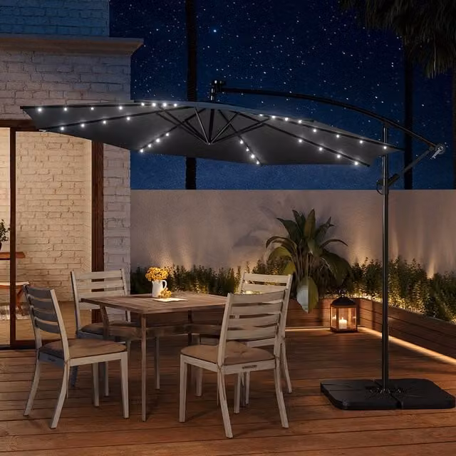 Livingandhome 3m Garden Parasol Umbrella with LED Light and Square Base in Anthracite Grey