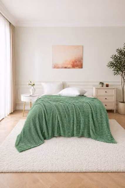 Dyzi Large Supersoft Ribbed Jacquard Fleece Throw Blanket in Green, W/D/H: 200 x 240 cm – 1