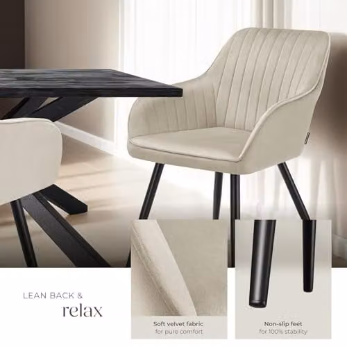 tectake Dining Chair with Velvet-Look Quilted Cover and Armrests in Cream and Black – 3