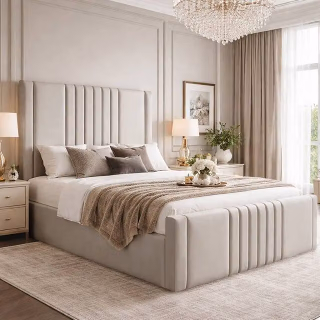 Desire Deco Haisley Ottoman Storage Bed Frame in Light Beige Plush Velvet, W/D/H: 144 x 200 x 125 cm – 1