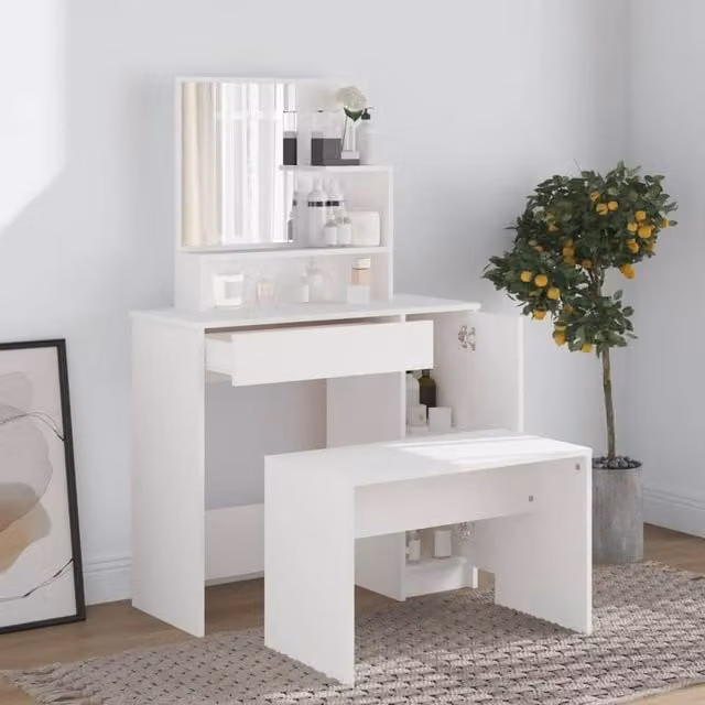 Berkfield Home Beautiful Dressing Table with Mirror, White, W: 86.5 cm, D: 35 cm, H: 136 cm