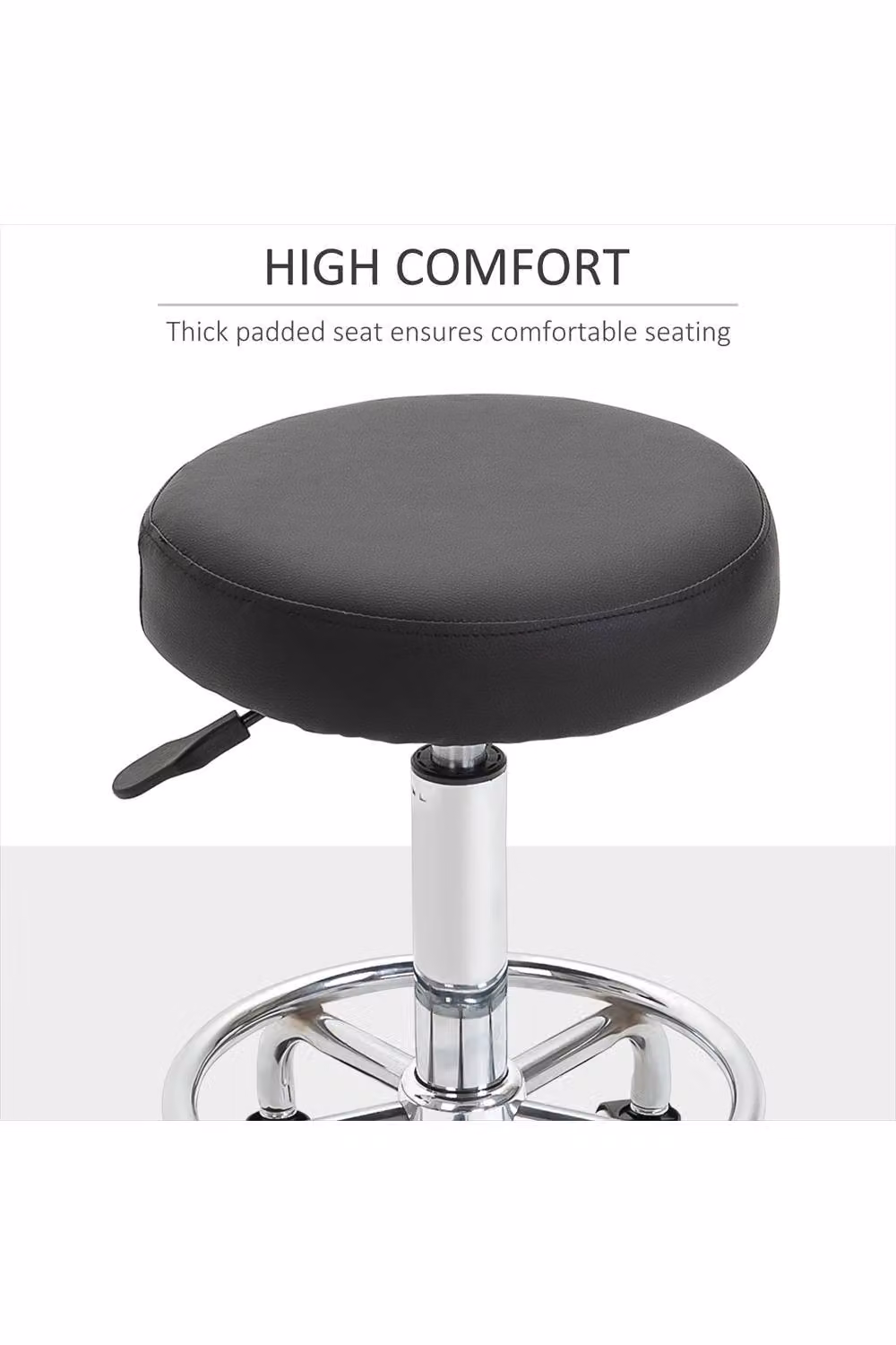 ERGOVEXA Round Rolling Stool in Black PU Leather with Height-Adjustable Seat and Castors – 2
