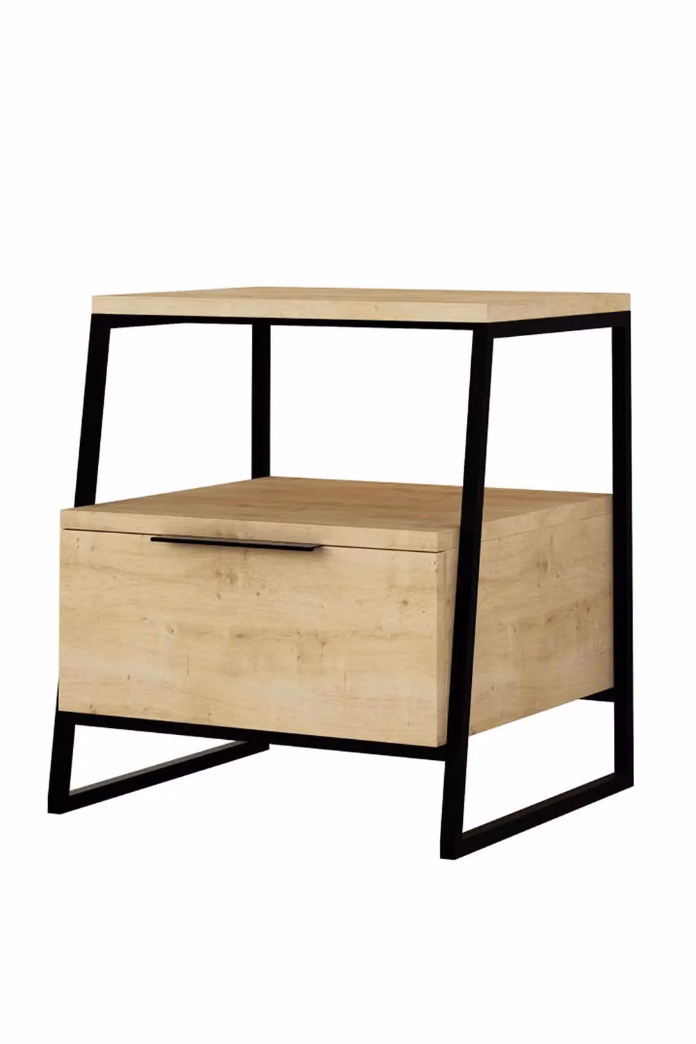 FWStyle Natural Oak 1 Door Bedside Table Cabinet with Black Metal Frame in Brown – 2