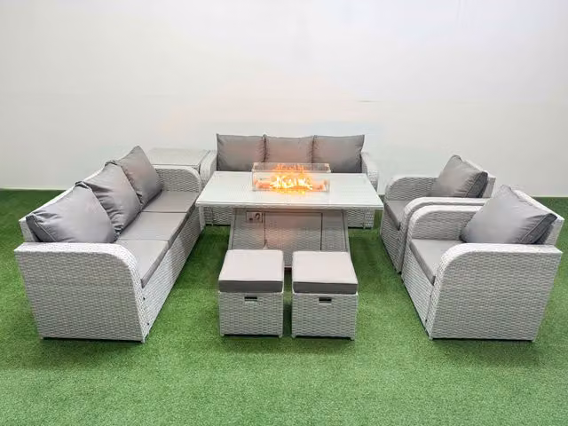 Fimous PE Rattan High Back Lounge Sofa Set with 3 Seater Sofa, Reclining Chair, Stools, Side Table and Firepit Dining Table in Light Grey
